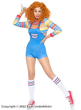 Chucky fra Child's Play (kvinne), kostyme-topp og romper, knapper, lomme, horisontale striper